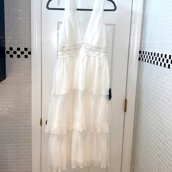 Lulus dreamy mood white Swiss dot tiered midi dress. Polyester. Size Small. - Picture 10 of 14